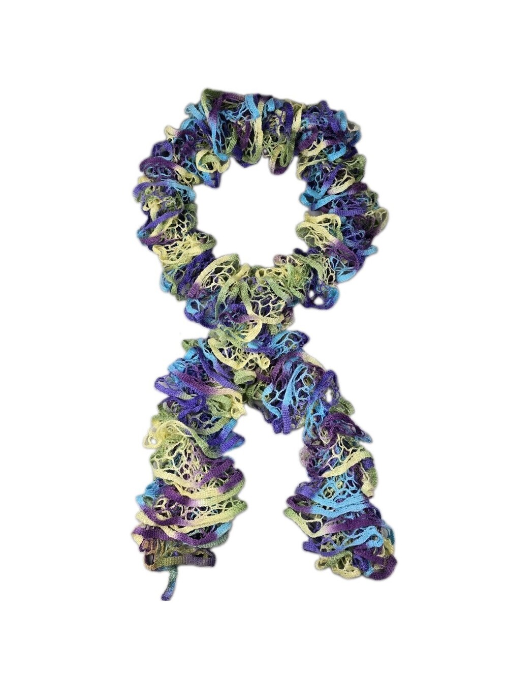 Handmade Ruffle Knit Multicolor Scarf Pastels Purple Blue Green 68"x4" Made USA